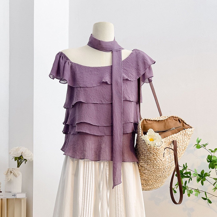 Summer outfits: Off-the-shoulder short-sleeved one-shoulder purple top for women. New summer shirt design for women. Purple shirt