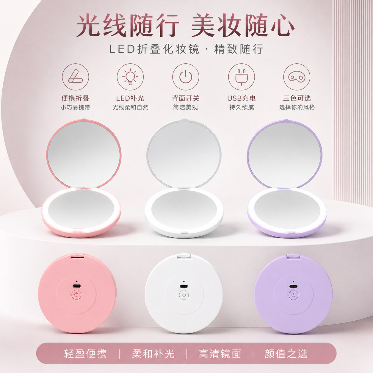 Foldable LED Makeup Mirror with Light, Portable LED Small Round Mirror with 2x Magnification, Handheld Round Makeup Mirror