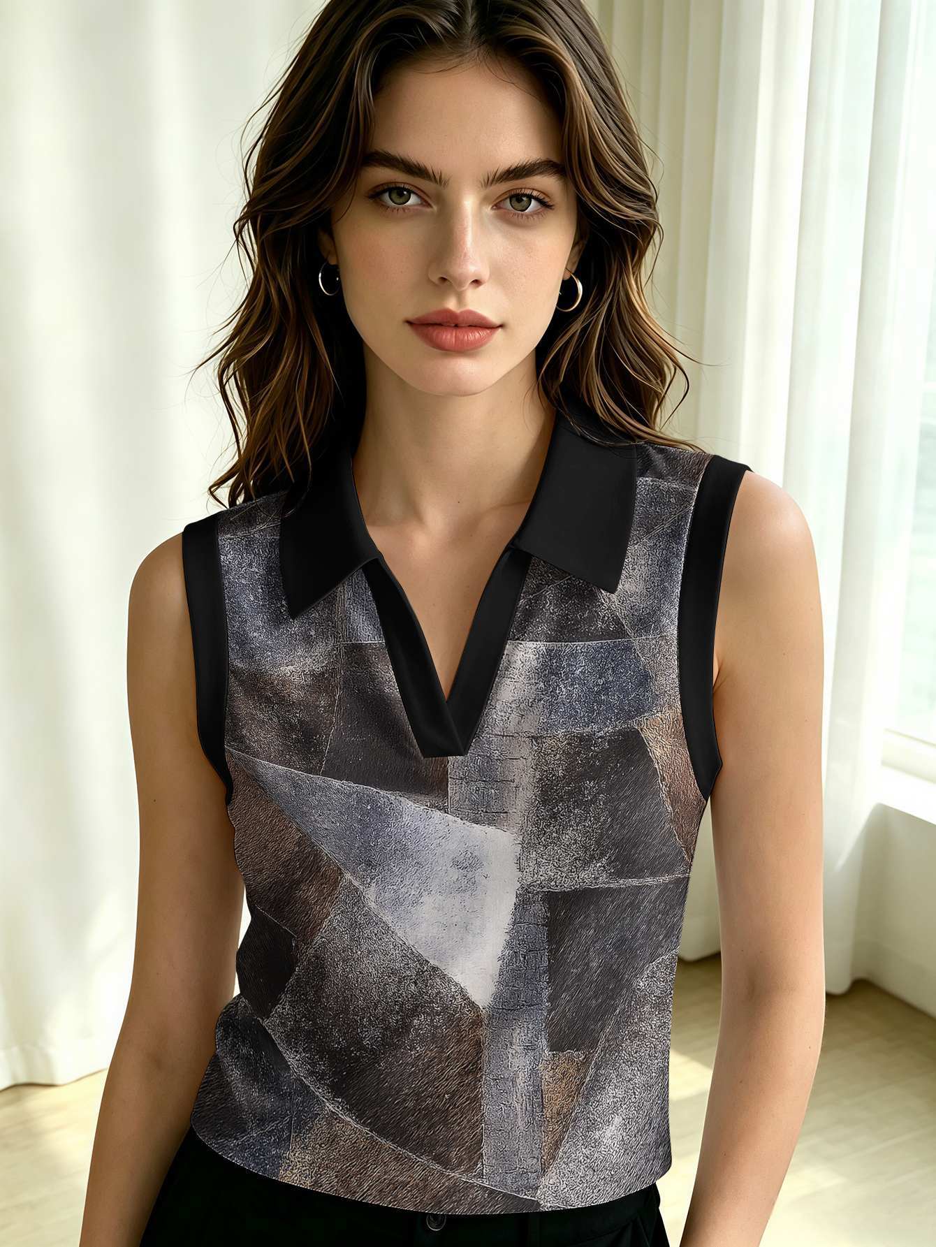 Wholesale supply of high-end gray-toned abstract geometric 3D printed sleeveless vest with V-shaped design sense and no buttons