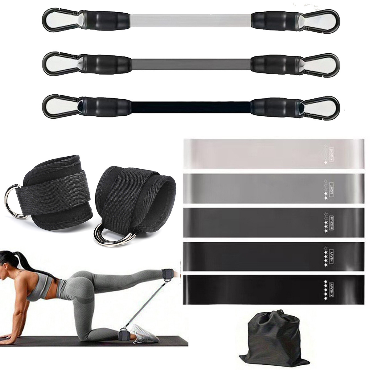 Hip-lifting fitness training set with ankle straps, resistance bands, hip elastic bands, ankle buckles, and squatting exercises.