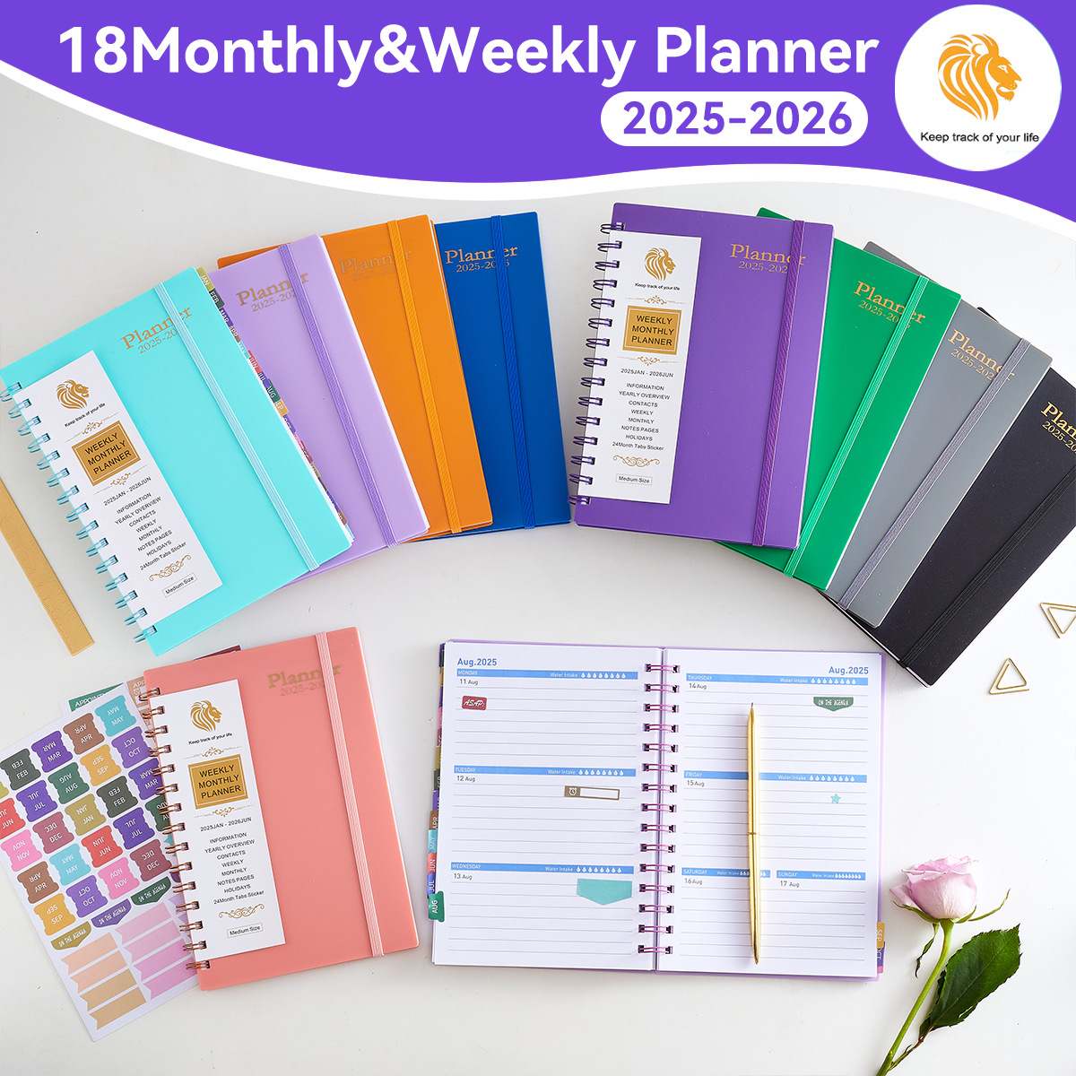 2025/26 In Stock A5 English Version Spiral Notebook, PP Board, 360-Degree Side-Flipping Spiral Notebook with Monthly Planner and Weekly Calendar