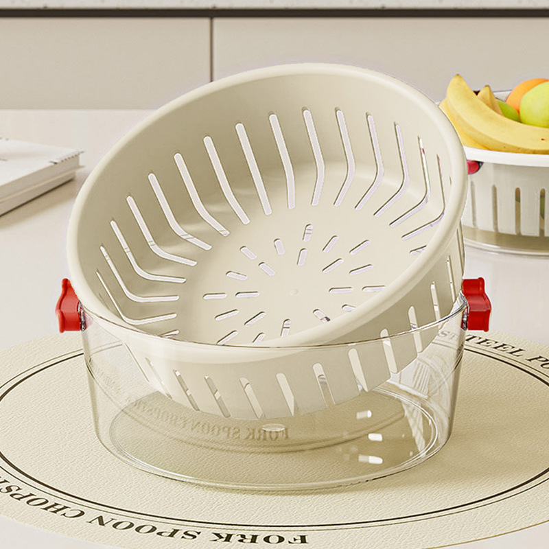 Fruit draining basket, double-layer high appearance level, multi-functional kitchen household vegetable washing basin, large-capacity hollowed-out draining basket