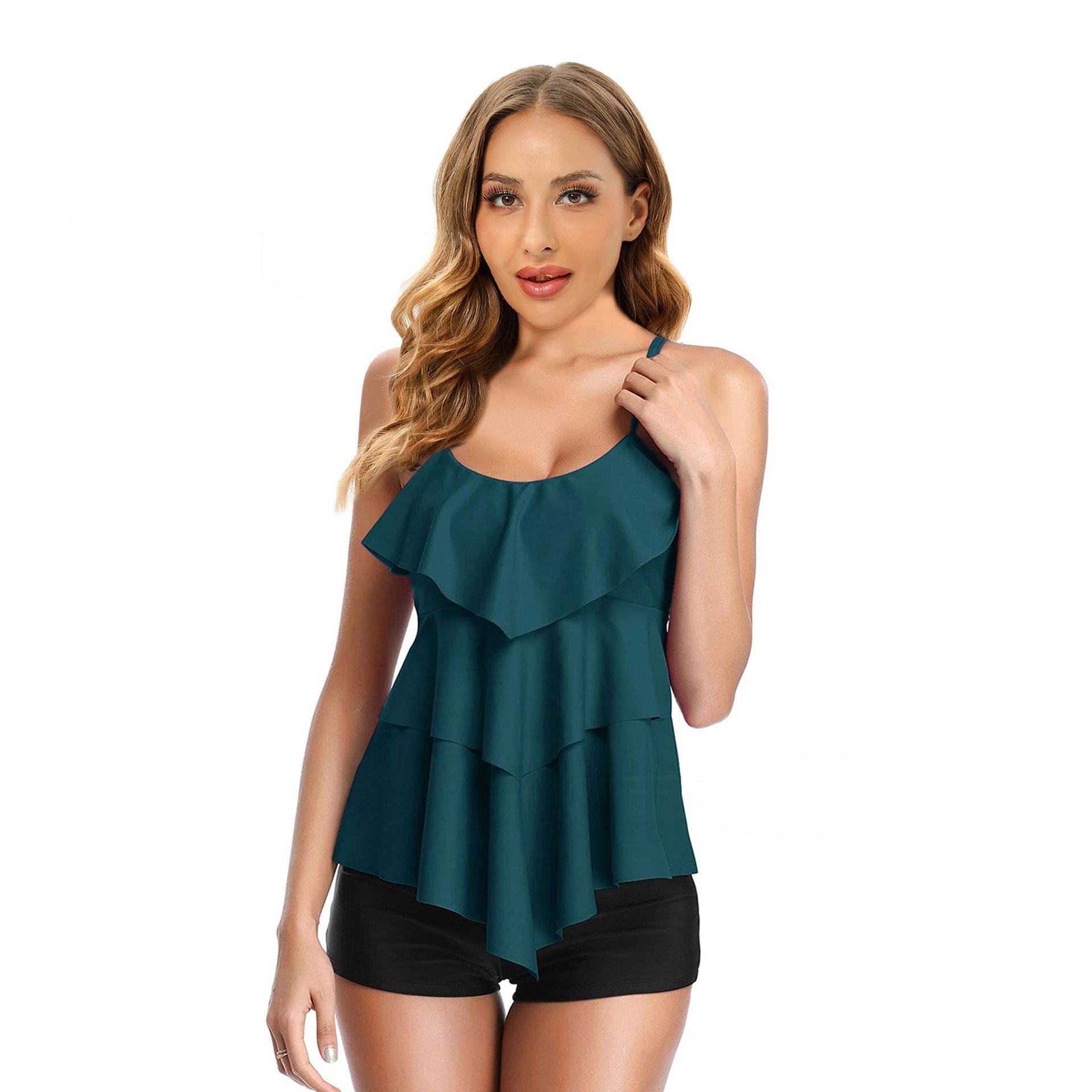 New European and American cross-border trade conservative belly cover-up swimsuit for women with ruffled edges, two-piece one-piece flat-angle pants, swimming suit for women