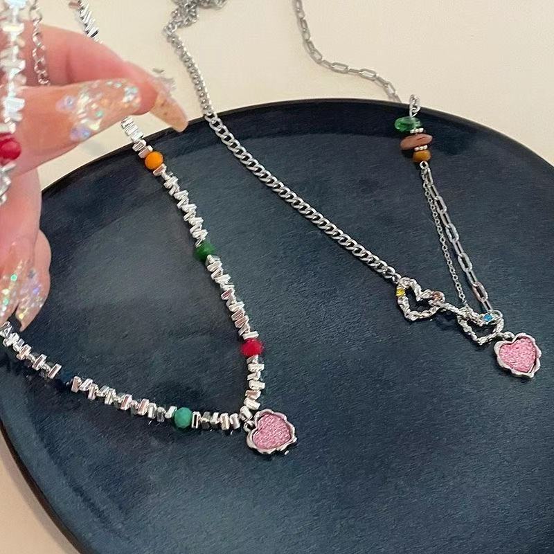 Summer Dopamine Colorful Pebble Heart Pendant Patchwork Necklace Niche Millennial Spicy Girl Collarbone Chain Necklace Accessory