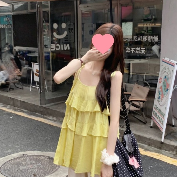 2025 Summer New Style Blue Fresh Tie-Waist Camisole Vest for Women, Korean Style, Loose Fit, Ruffled Hem