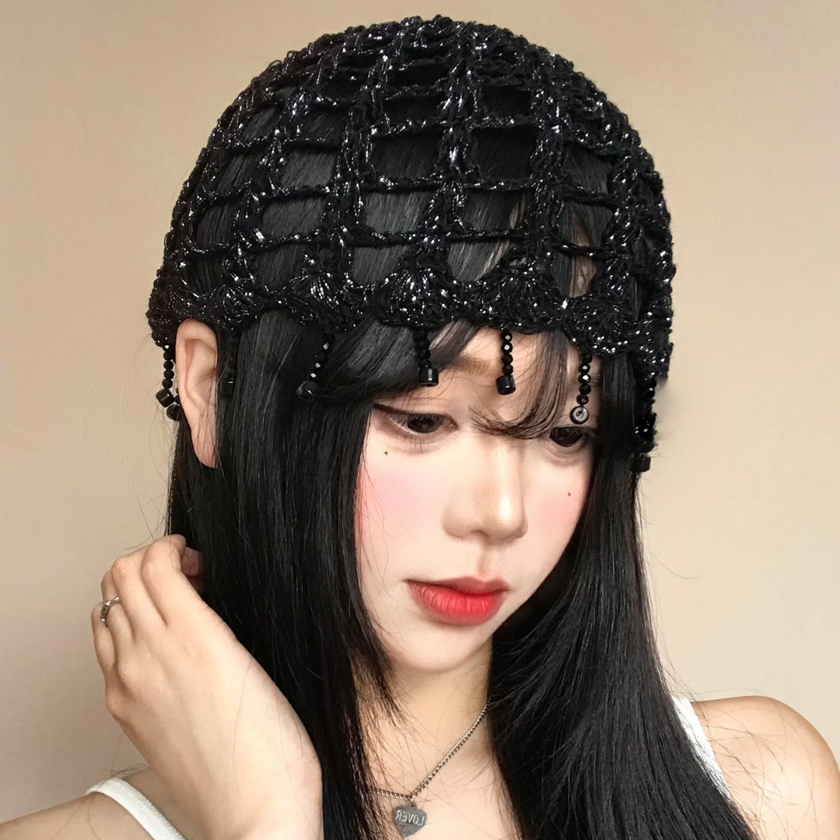 Bohemian ethnic style beaded tassel hood for women, summer retro hollowed-out beanie, breathable and stylish beanie