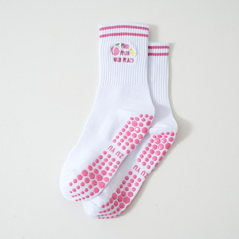 Women's yoga socks, mid-calf socks, glued non-slip, lace trim, cherry embroidery, professional training running Pilates socks