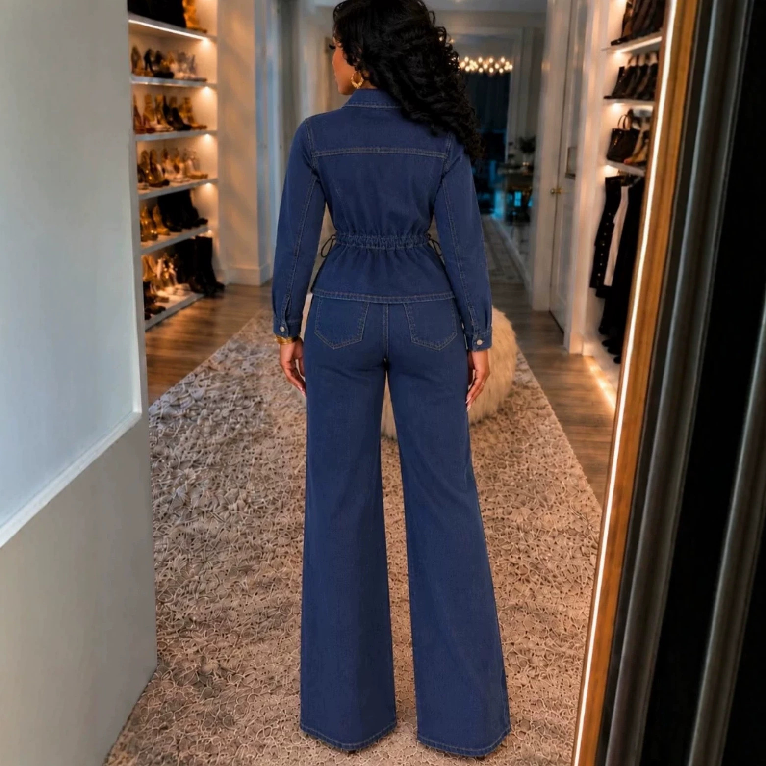 A two-piece women's denim set featuring a cross-border lapel long-sleeved drawstring cinched waist denim jacket and high-waisted wide-leg flared trousers
