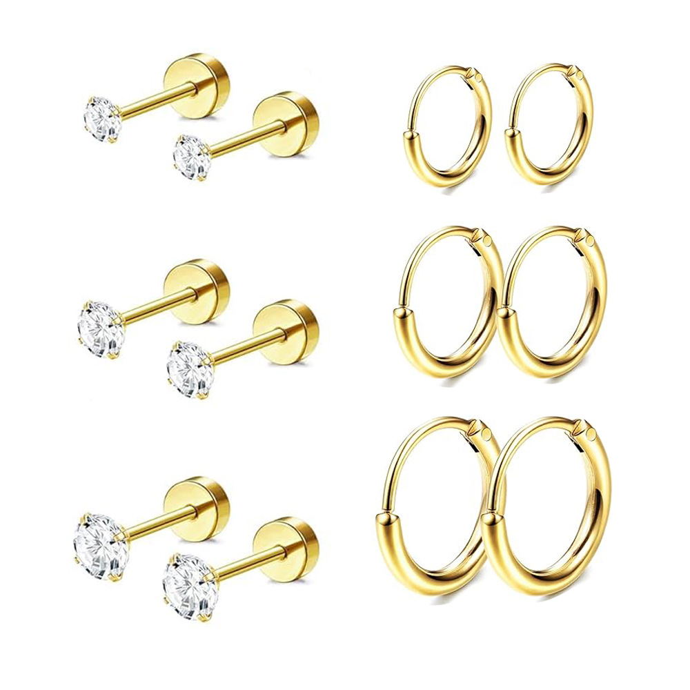 Cross-border 12-pair stainless steel stud earrings with diamonds, 6-prong, round, disc, threaded stud earrings, ear loops, Amazon.