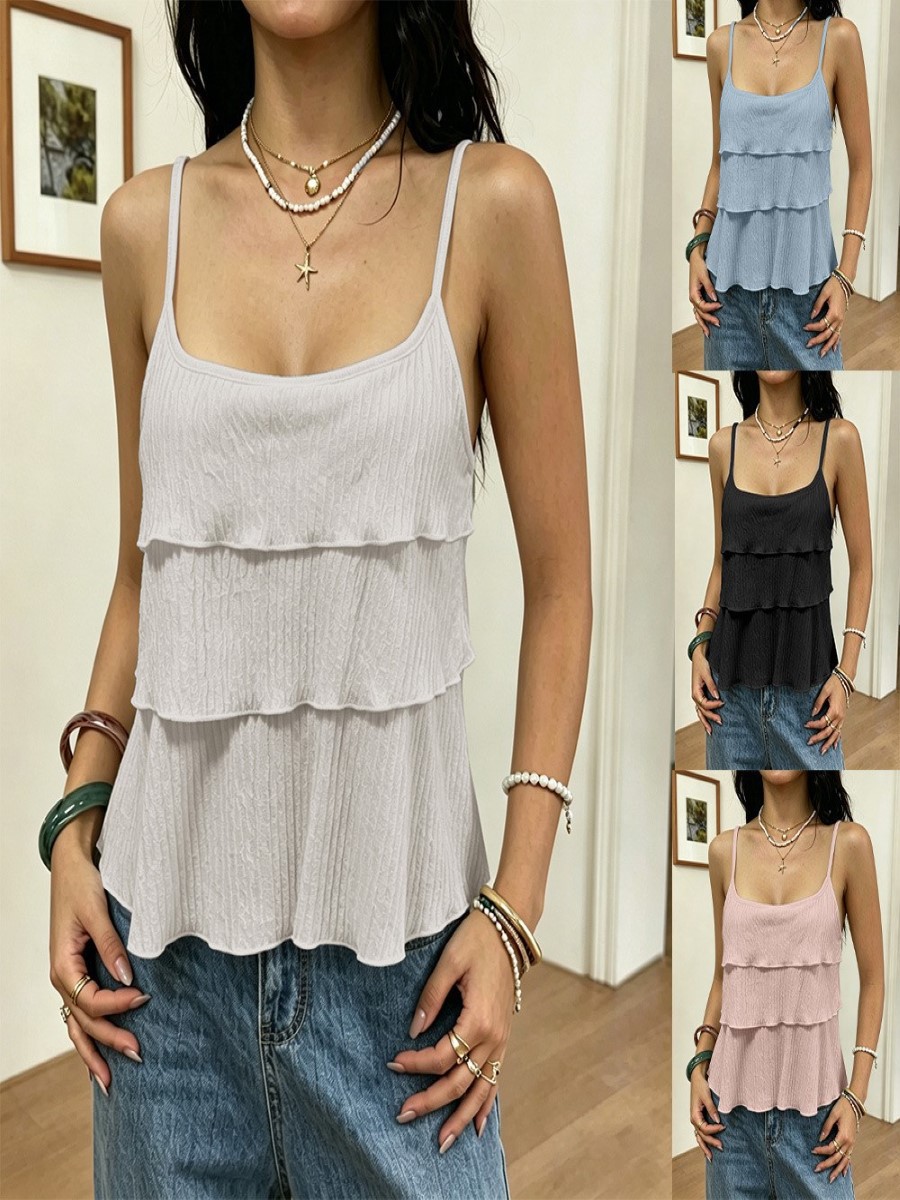 Amazon 2026 European and American Cross-border Summer New Women's Vacation and Casual Multi-layer black ear-trimmed sleeveless halter top