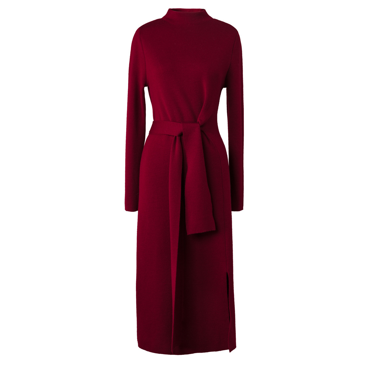 Semi-high-neck woolen knitted dress for women in autumn and winter, mid-length with LACES, elegant cinched waist, slit, red patchwork style