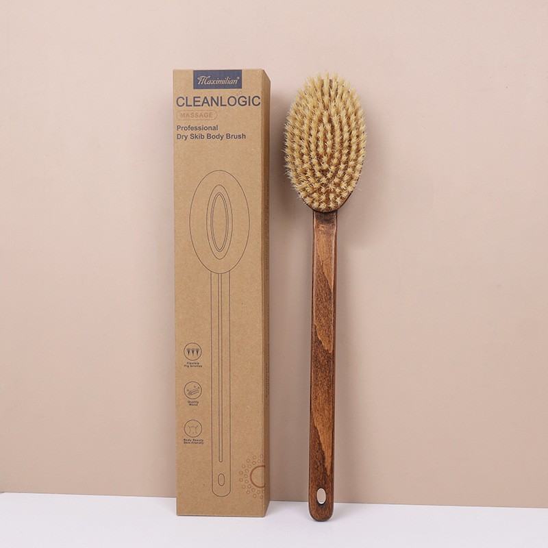 Long-handled ebony boar bristle bath brush, back scrubber, with hanging rope, suitable for both wet and dry use, for home use, women's massage bath brush.