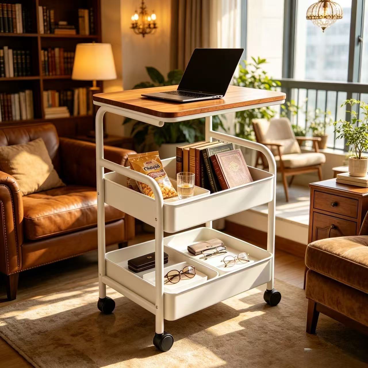 Chinese-style trolley storage shelf for offices, kitchens, bedrooms, and various scenarios including snacks, books, cosmetics, and mobile side tables.