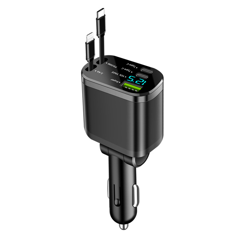 Digital display car charger, retractable cable, car charger, PD car fast charging, super fast charging, five-in-one cigarette lighter, cross-border