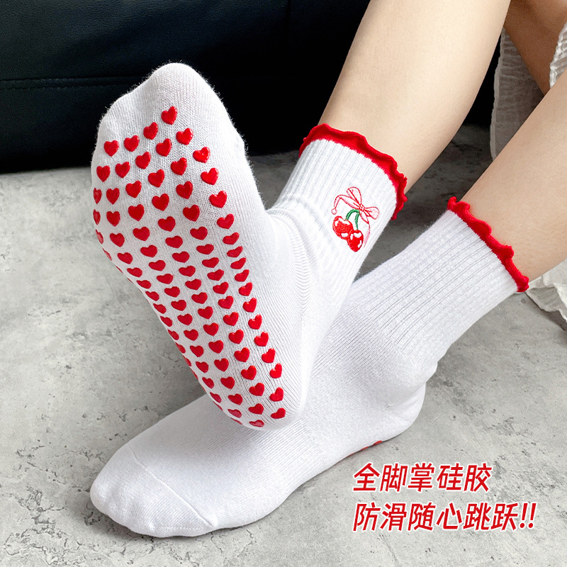 Women's mid-calf socks, Pilates socks, non-slip professional yoga socks, indoor sports and fitness embroidered cross-border floor socks, summer