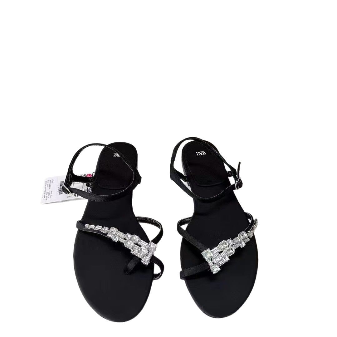 ZA2024 Summer New Rhinestone Flip-Flop Sandals, Fashionable and Versatile Flat Toe-Tying Women's Shoes with Back Strap and Buckle