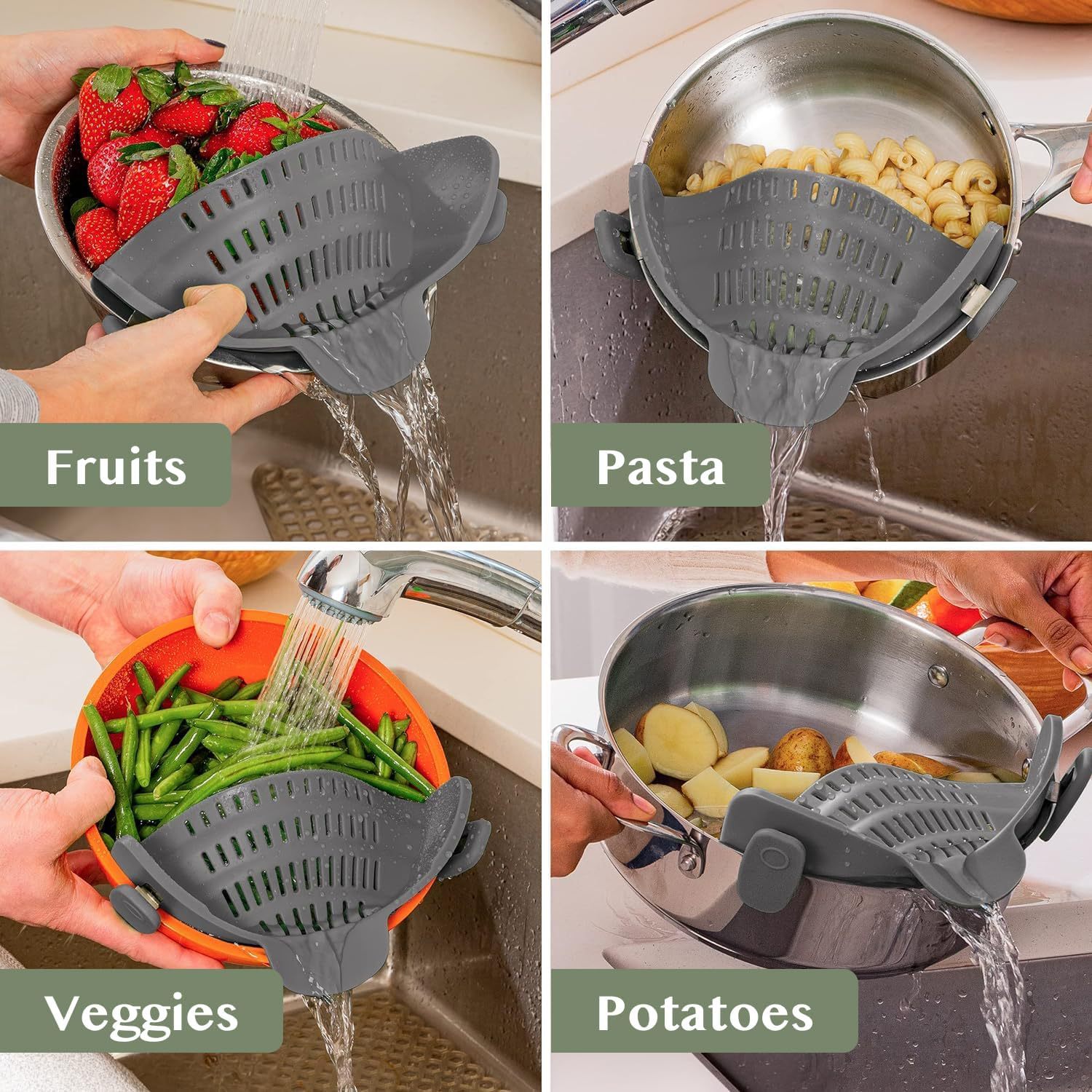 Customized silicone drainer with hollow double ears, serving basket, pot rim protector, fruit and noodle multi-functional filter with fine pores and thickened design.