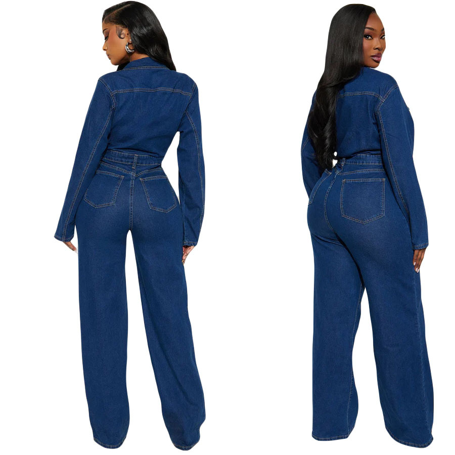 3587 cross-border trade from Europe and America, Amazon, slim-fit, elastic, flared flared, washable long-sleeved denim jumpsuit and jumpsuit