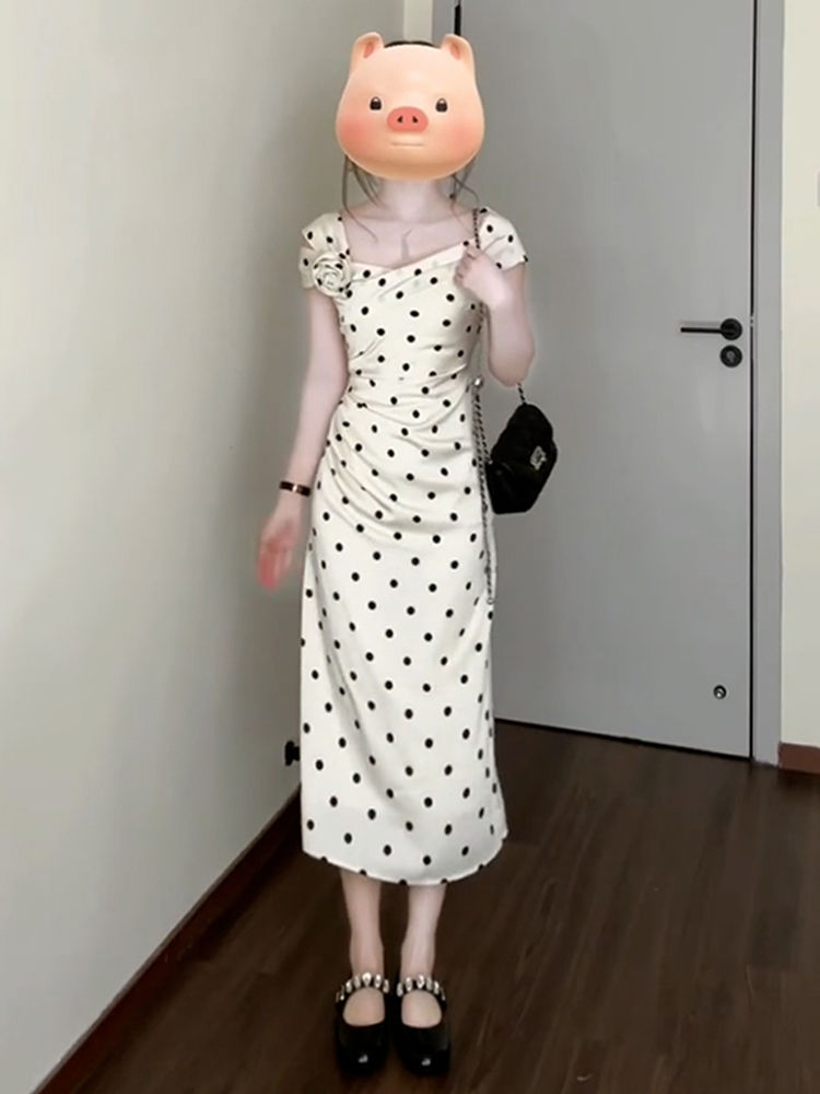 French-style white polka dot dress, women's summer 2025 new style, three-dimensional floral waist-cinching hip-hugging long skirt.