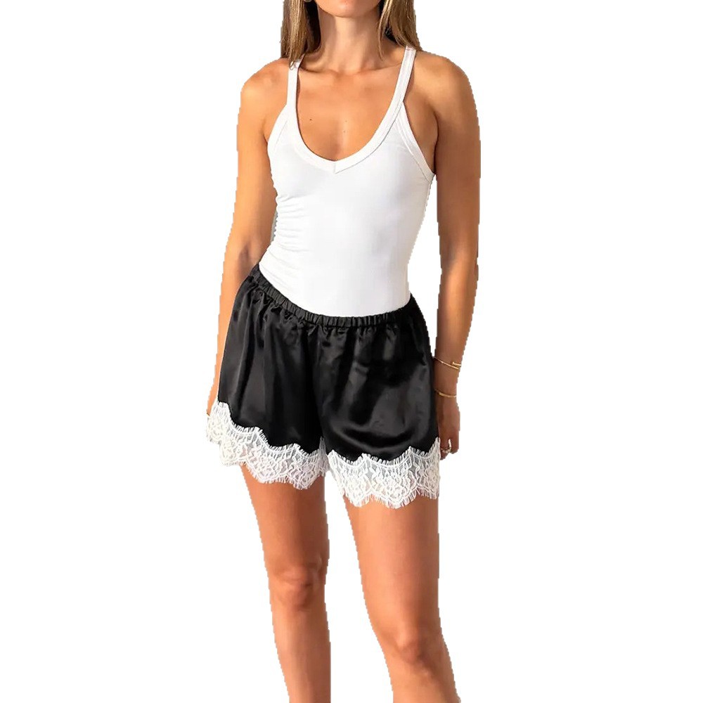 2026 Summer New Arrival Lace Trim Hip-lifting Women's Casual Pants, Fashionable Hot Girl Home Shorts (Black)