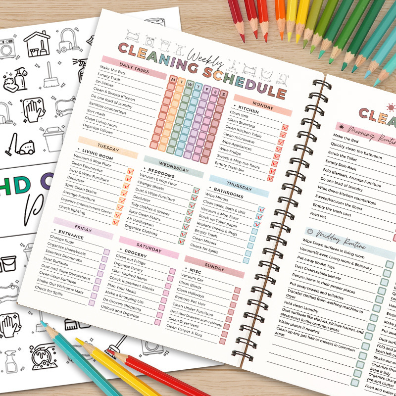 Cross-border best-selling ADHD CLEANING household cleaning schedule annual cleaning checklist planner coil book