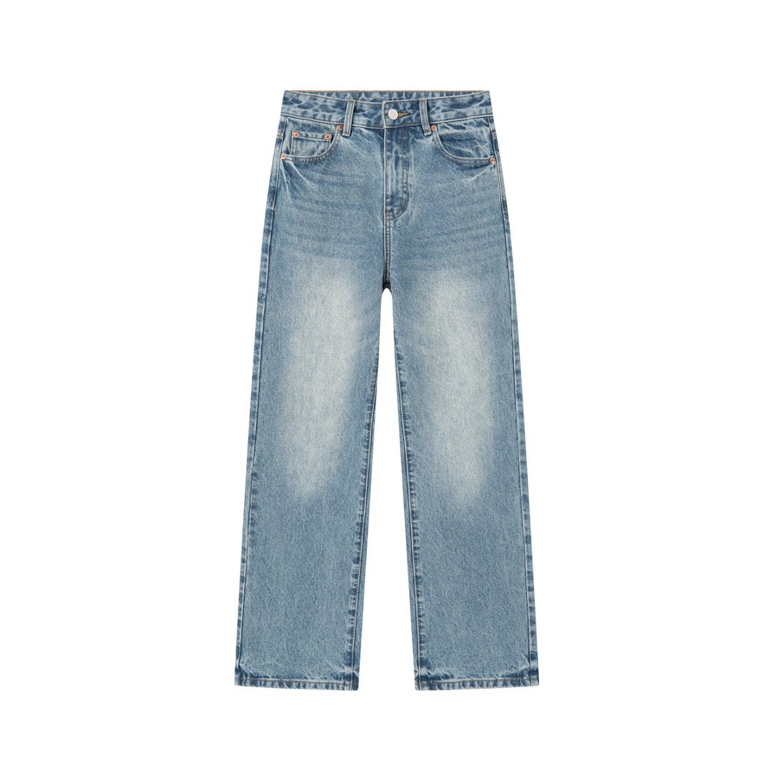 European and American feng shui washed blue aged wide-leg jeans for women in spring 2026, high-waisted, slimming, fashionable, non-elastic straight-leg trousers