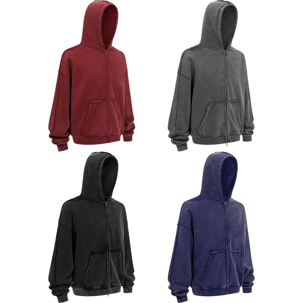 2026 High Street American retro batik aged high-quality 370g fleece autumn and winter zipper hooded men's sweatshirt cotton