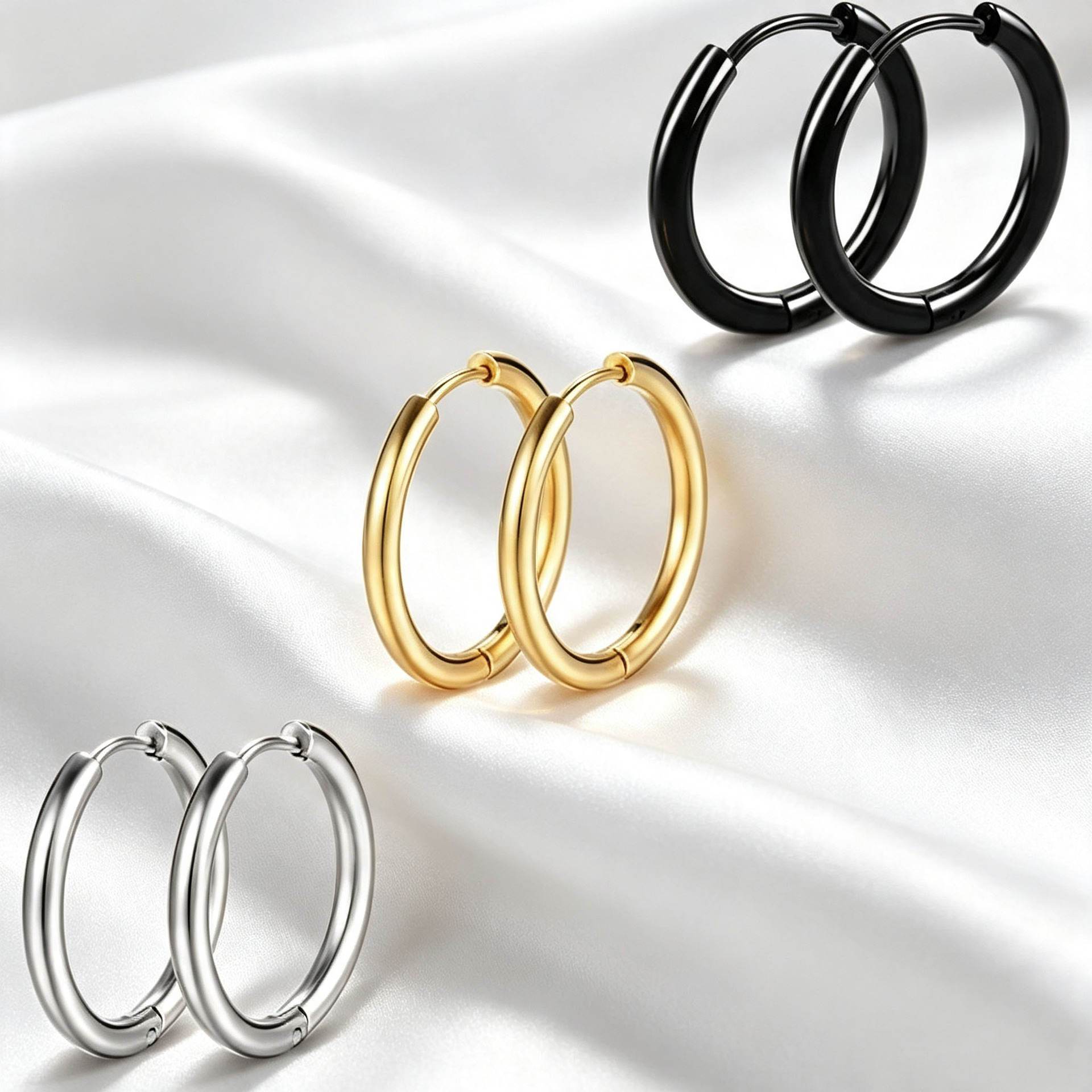 Japanese and Korean style minimalist pierced earrings, versatile for everyday wear, available in multiple sizes, unisex stainless steel hoop earrings.