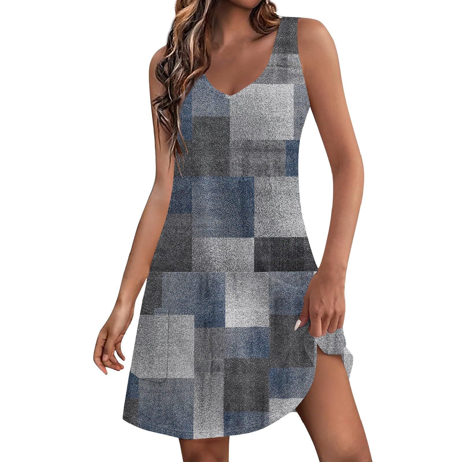 Women's digital printed V-neck sleeveless beach pocket dress