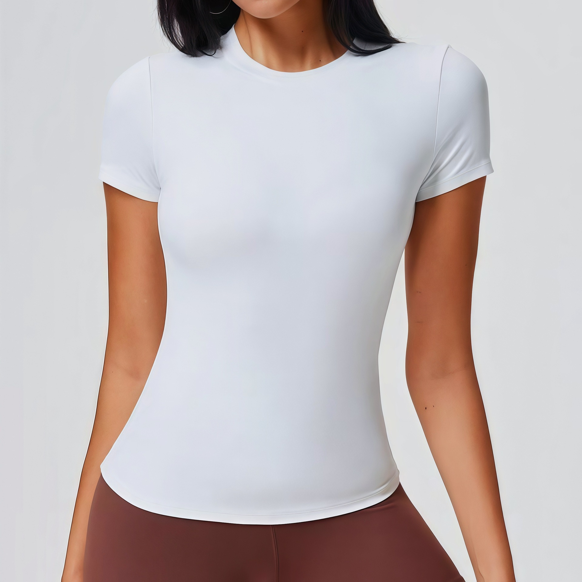 Women's sporty casual short-sleeved quick-drying tight-fitting yoga top, running fitness top, slim fit yoga round neck solid color t-shirt
