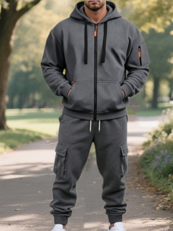 2025 New men's workwear fleece hoodie set, multi-pocket semi-cardigan casual two-piece set
