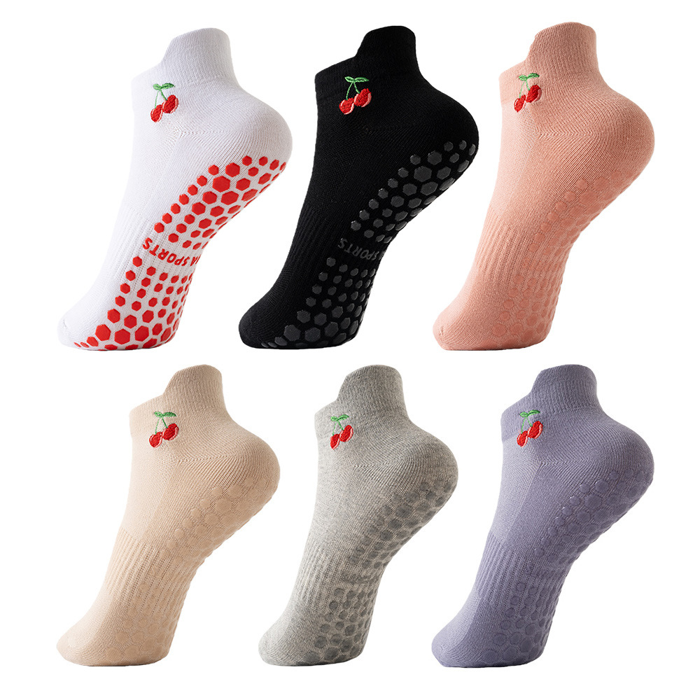 Women's athletic socks, short, professional anti-slip yoga socks, embroidered cherry mesh, breathable silicone anti-slip short socks, Pilates socks