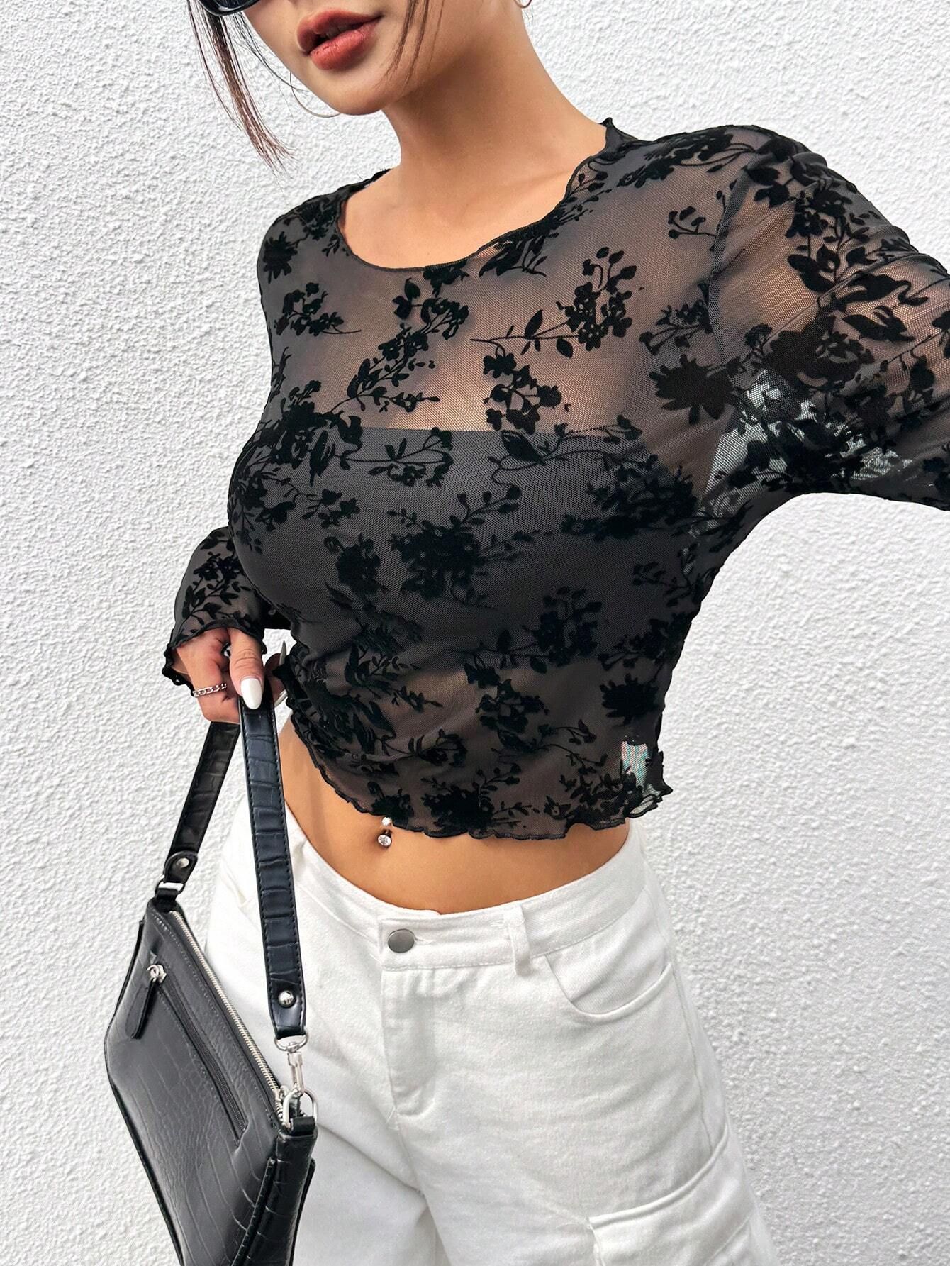 European and American cross-border Instagram Amazon independent website 2026 Women's black sexy mesh round-neck long-sleeved T-shirt top