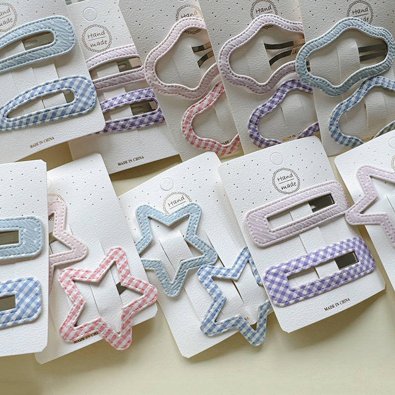 A pair of fabric plaid hair clips, teardrop-shaped rectangular BB clips, cute polka dot cloud five-pointed star girl bangs clips