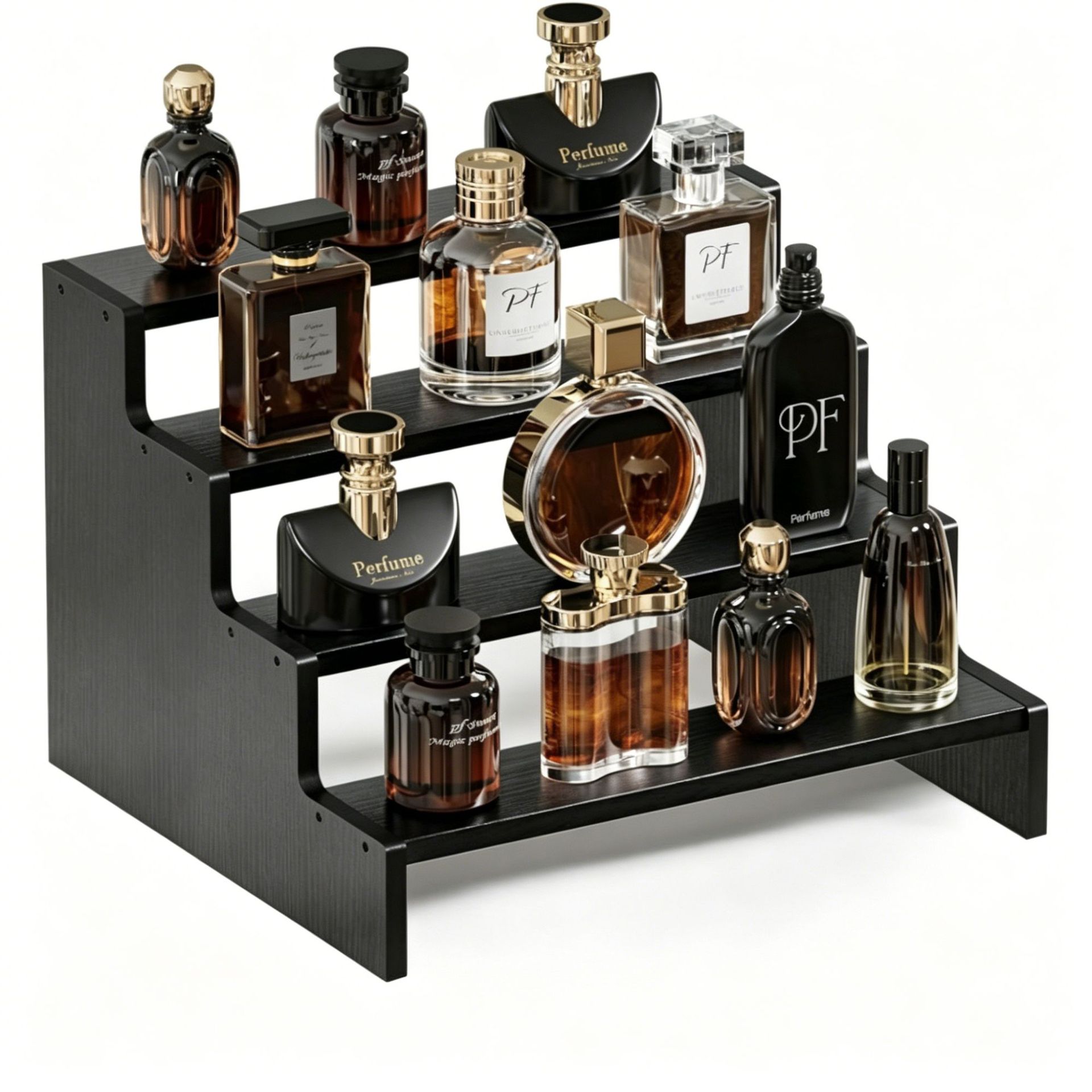 In stock: Multi-tiered wooden storage rack for perfumes, cosmetics, jewelry, watches, dressing tables, and kitchen condiments.