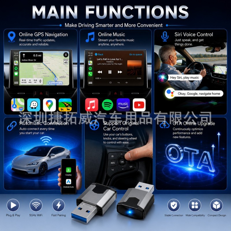 Cross-border wired to wireless CarPlay box, Apple and Android Auto 2-in-1 smart car connectivity box