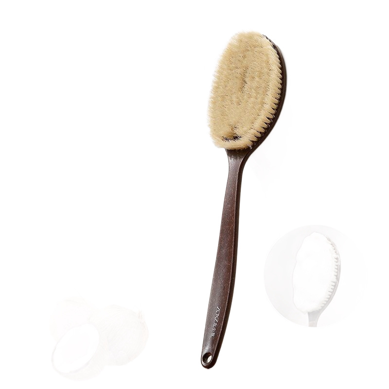 Coconut handle, pig bristle bath brush, palm-shaped dry brush and wet brush 2-in-1, long-handled scrubbing brush