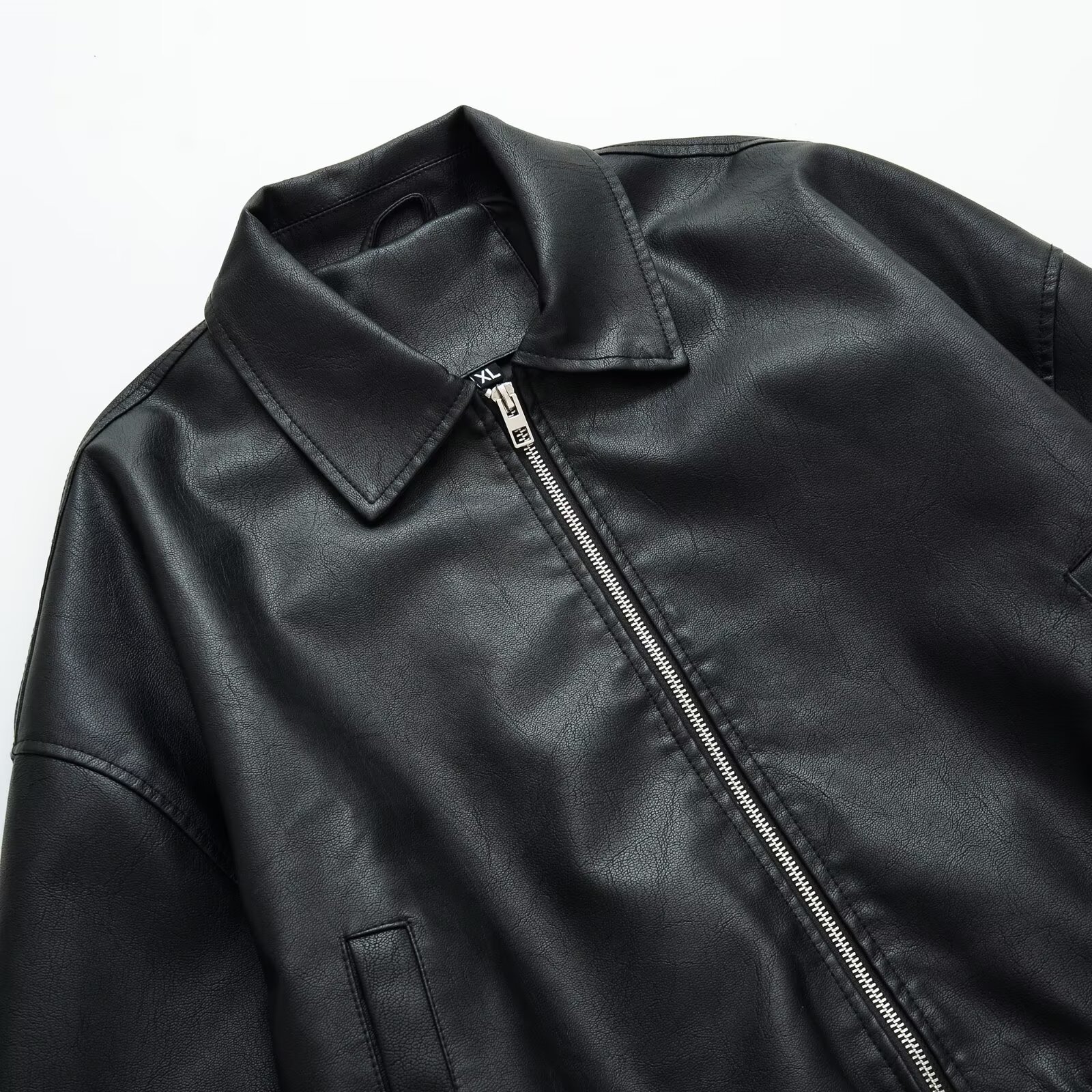 European and American fan car style lapel, zipper, waist-cinching PU leather jacket, autumn loose, slimming short casual coat