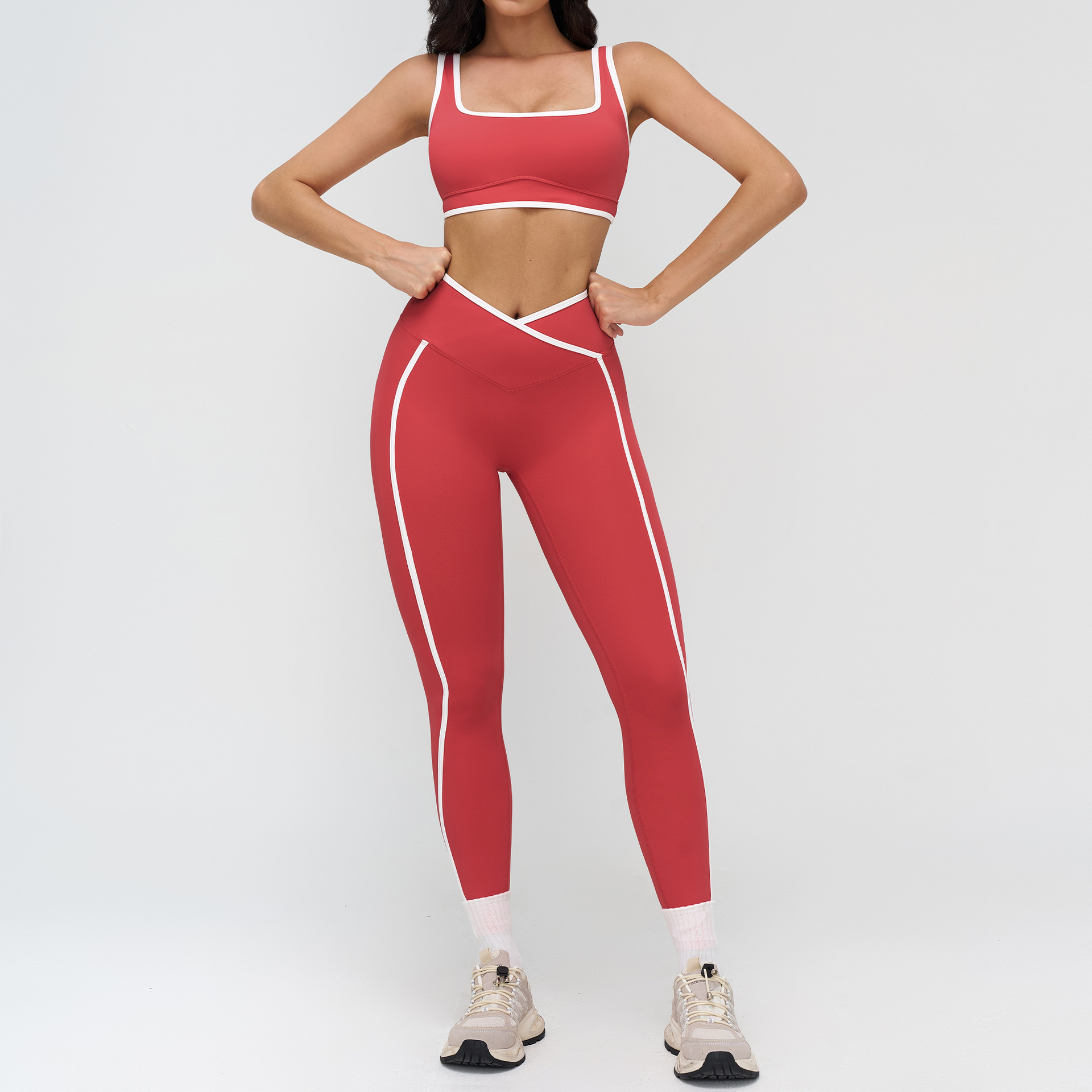 Cross-border nude yoga set, tight color-blocking casual sports set, outdoor running and fitness yoga wear for women 9528