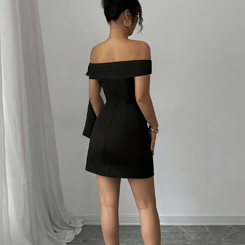 Cross-border European and American style women's solid color one-shoulder bow tie hip-hugging short dress, elegant and stylish dress