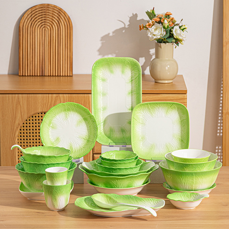 New Creative Cabbage-Shaped Ceramic Bowl and Plate Set for Home Use (Underglaze Plates, Rice Bowls, Fish Plates)