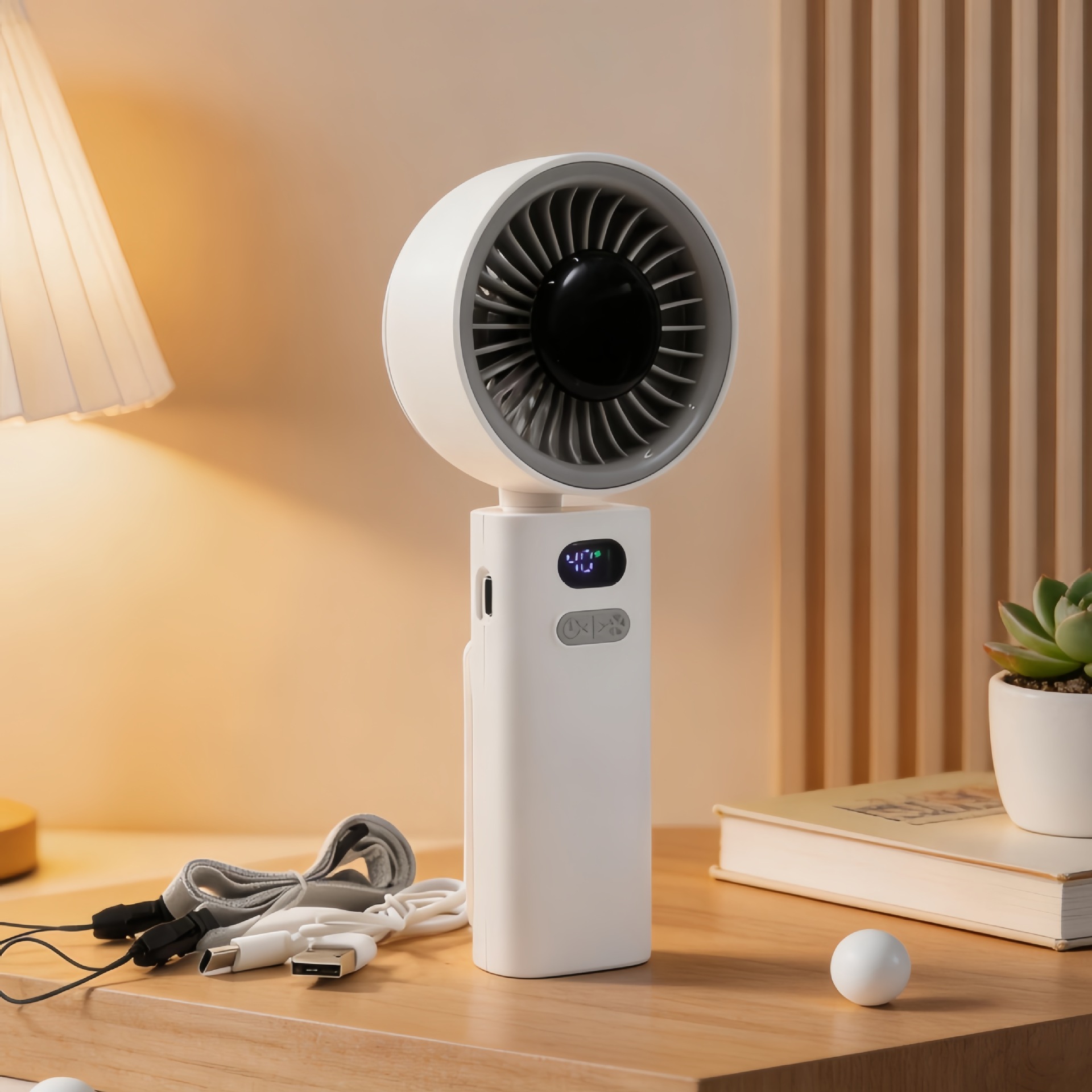 New export model USB charging clip handheld digital display with lanyard, neckband, outdoor mini fan, folding desktop fan