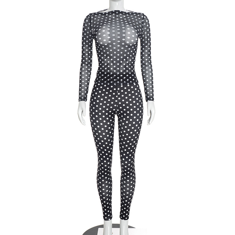 D26ST225 Cross-border European and American women's fashion sexy mesh long-sleeved top and slim-fit trousers solid color two-piece set