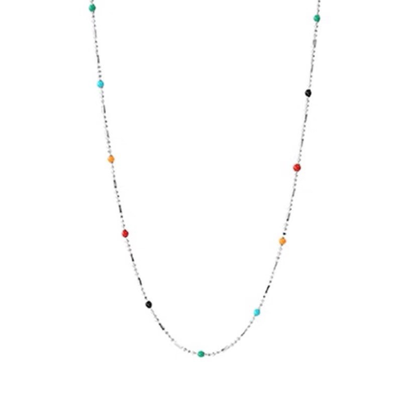 Yinzhen S925 Sterling Silver Colorful Bead Necklace for Women, Niche Design, Rainbow Bracelet, Round Bead Anklet, Seven-Color Clavicle Chain