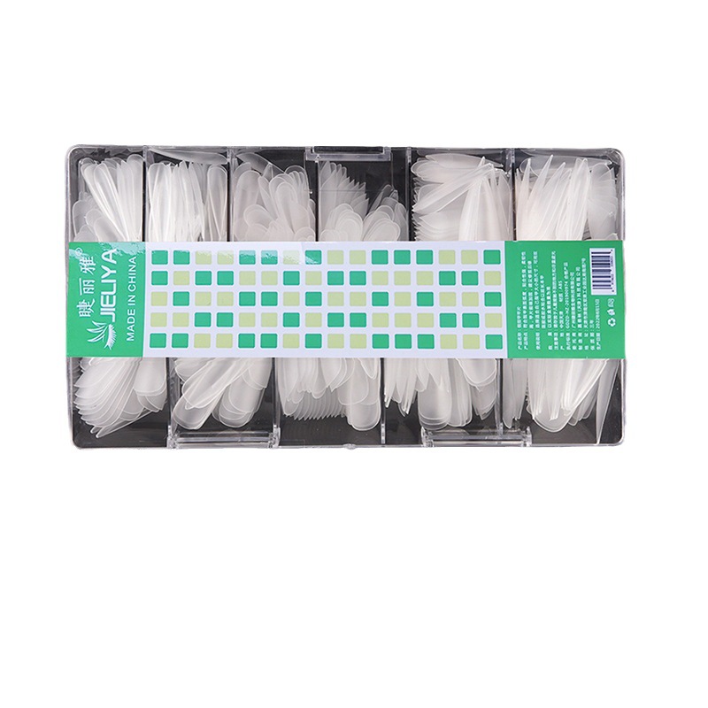 408 pieces of transparent, trapezoidal, pointed, seamless artificial nails in sizes 0-9, available for touch-ups, wearable, no carving or filing required.