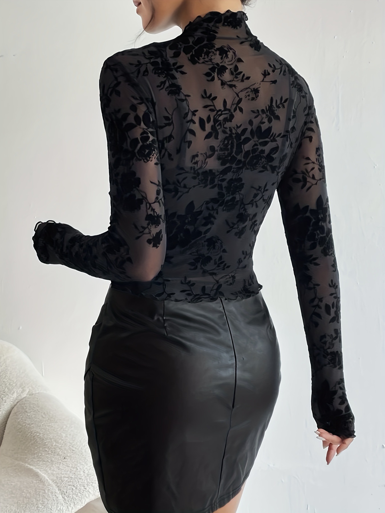 European and American cross-border 2026 single-layer bras, stand-up collar, tulle base shirt, women's T-shirt, elegant commuting style