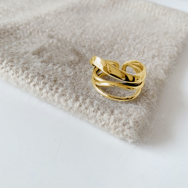 Korean Dongdaemun interlaced lines open ring for women, fashionable, simple, unique, multi-layered, trendy, versatile index finger ring.