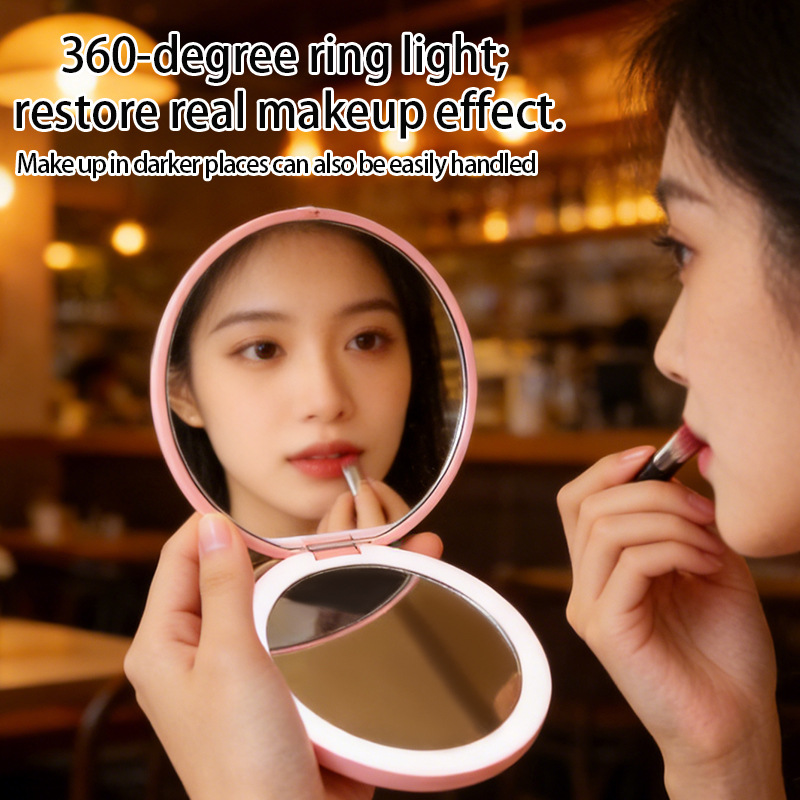 Mini portable LED illuminated makeup mirror, round, rechargeable, foldable, with lights, and logo printing available.