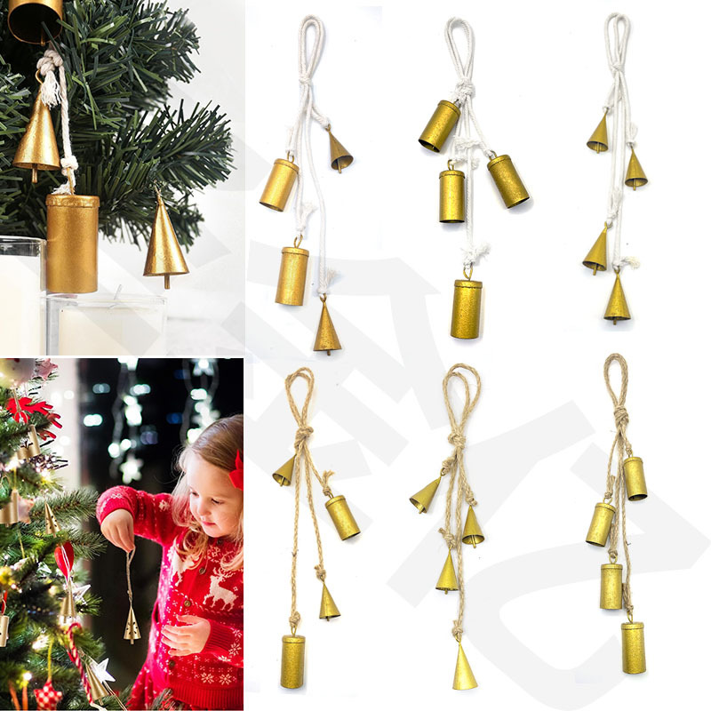 Cross-border Christmas ornaments, hemp rope, bell string, conical barrel-shaped gold wind chime, DIY metal cowbell hanging style