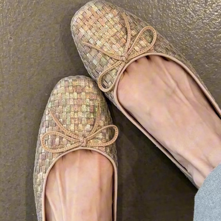 In-stock sheepskin version ~ Niche woven bow flat ballet shoes 2025 new style summer style soft sole shallow opening